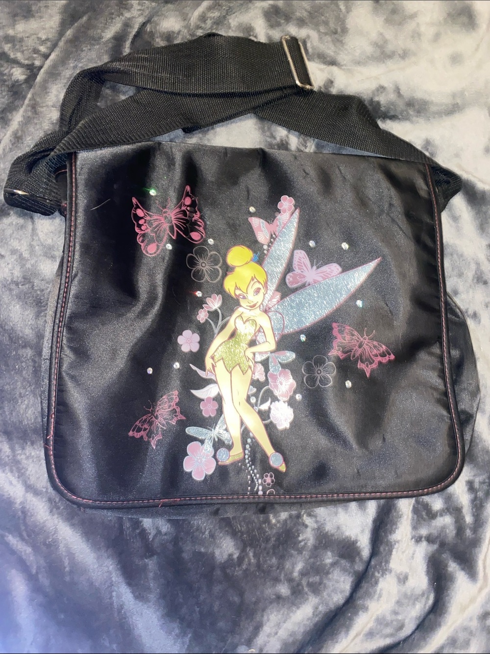 Disney Black Crossbody Bag with Pink and Green Tinker Bell Art